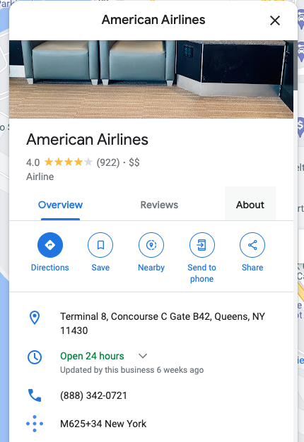 Scam Number for American Airlines in JFK Airport on Google Maps