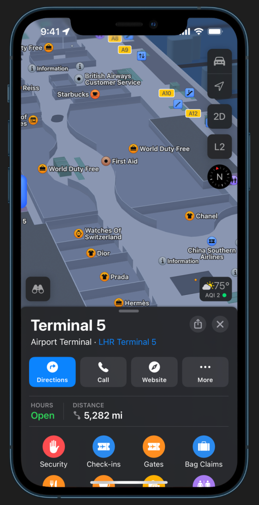 London Heathrow Airport Terminal 5 in Apple Maps