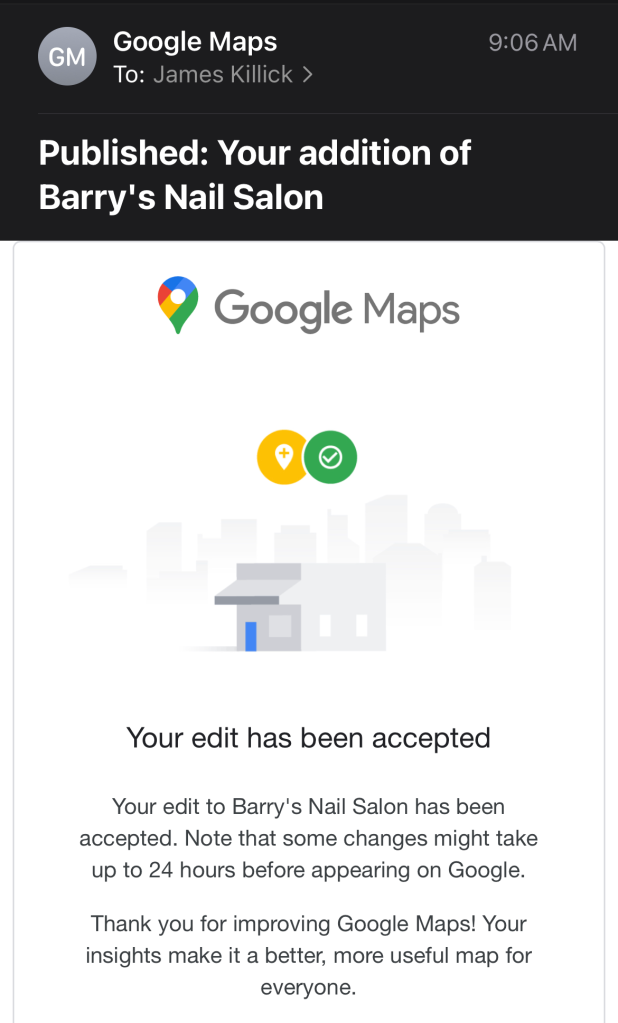 Confirmation of published business in Google Maps
