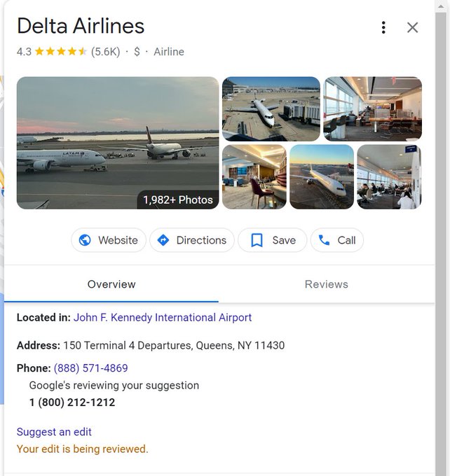 Scam Number for Delta Airlines in JFK Airport on Google Maps