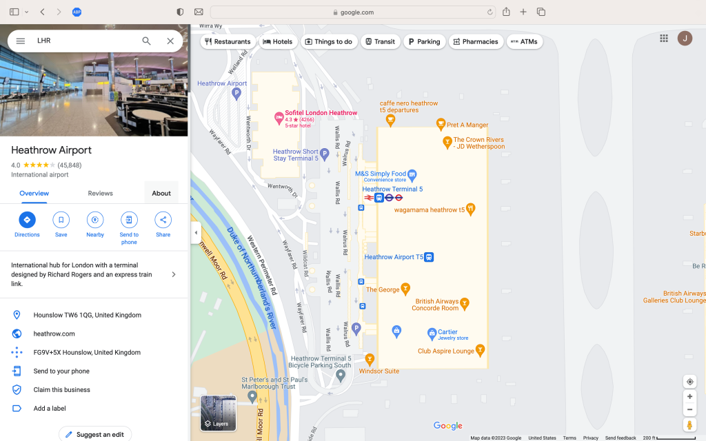 London Heathrow Airport Terminal 5 in Google Maps