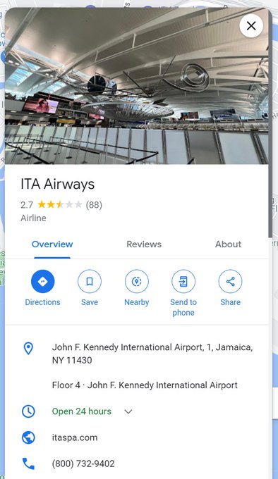 Scam Number for ITA Airlines in JFK Airport on Google Maps