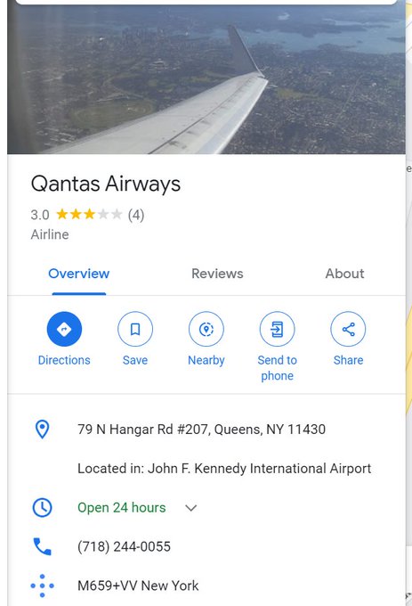 Scam Number for Qantas Airlines in JFK Airport on Google Maps