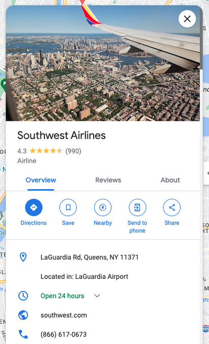 Scam Number for Southwest Airlines in LaGuardia Airport on Google Maps