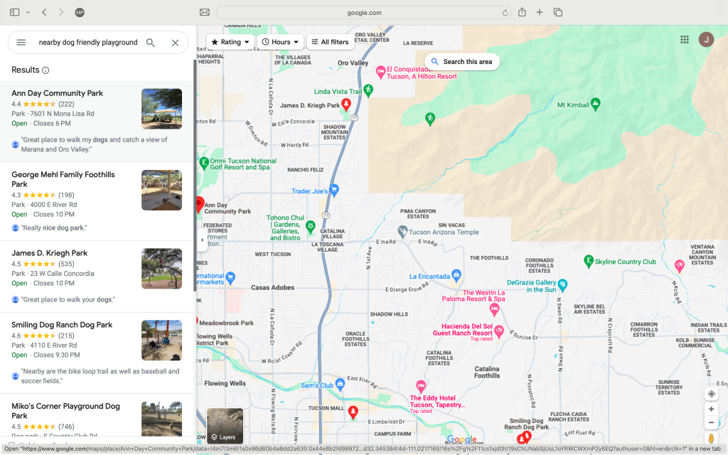 Google Maps search results for "nearby dog friendly playgrounds with swings"